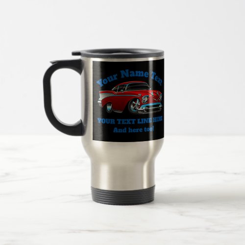 Add NAME TEXT Red Blue Hot Rod Classic Muscle Car  Travel Mug