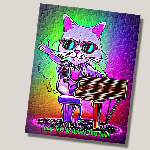 Add Name Text Rock Star Cat Piano Musician Singer Jigsaw Puzzle