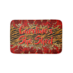 Add Name Text She Shed Tiger Stripes Red Flowers Bath Mat