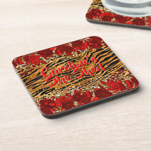 Add Name Text She Shed Tiger Stripes Red Flowers   Beverage Coaster