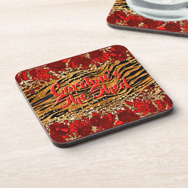 Add Name Text She Shed Tiger Stripes Red Flowers   Beverage Coaster (Left Side)