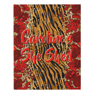 Add Name Text She Shed Tiger Stripes Red Flowers Faux Canvas Print