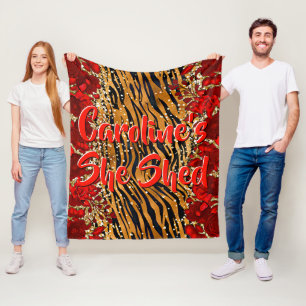 Add Name Text She Shed Tiger Stripes Red Flowers   Fleece Blanket