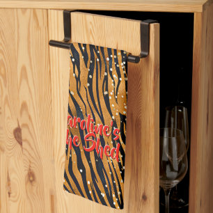 Add Name Text She Shed Tiger Stripes Red Flowers Kitchen Towel