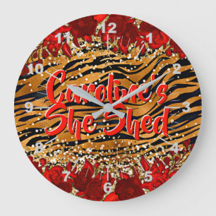 Add Name Text She Shed Tiger Stripes Red Flowers Large Clock