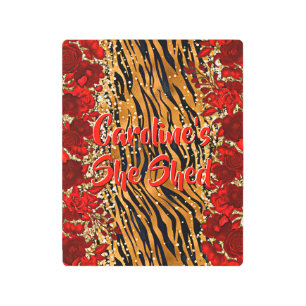 Add Name Text She Shed Tiger Stripes Red Flowers   Metal Print