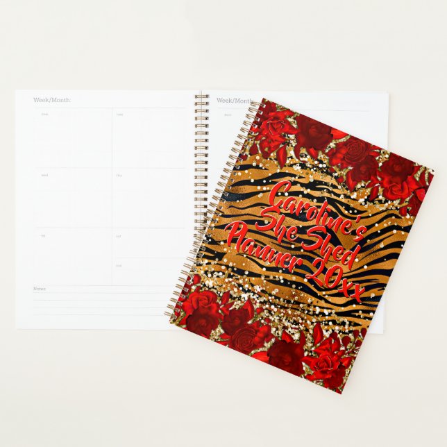 Add Name Text She Shed Tiger Stripes Red Flowers   Planner (Display)