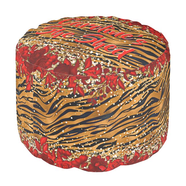 Add Name Text She Shed Tiger Stripes Red Flowers   Pouf (Angled Back)