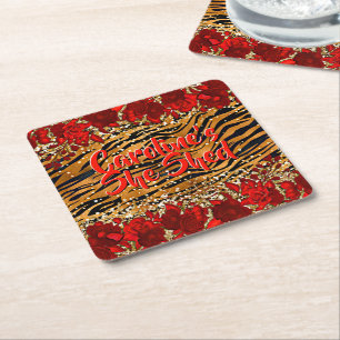 Add Name Text She Shed Tiger Stripes Red Flowers Square Paper Coaster