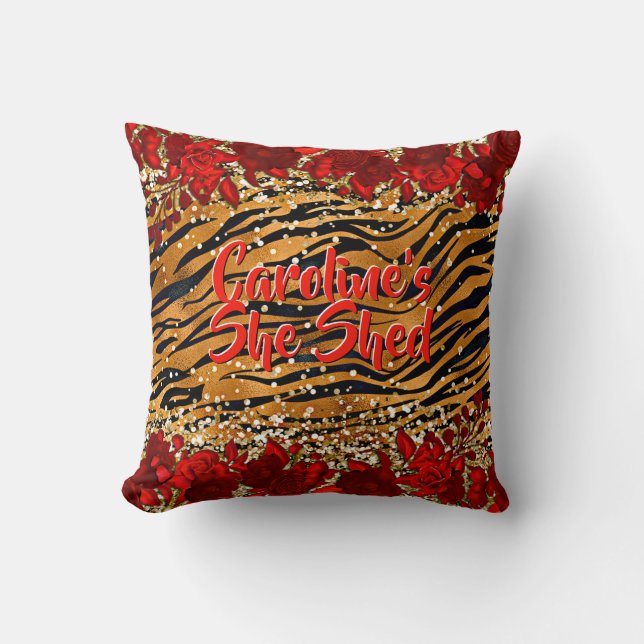 Add Name Text She Shed Tiger Stripes Red Flowers   Throw Pillow (Front)
