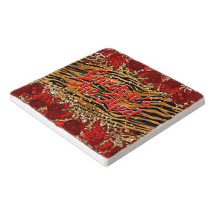 Add Name Text She Shed Tiger Stripes Red Flowers Trivet