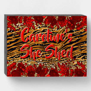 Add Name Text She Shed Tiger Stripes Red Flowers Wooden Box Sign