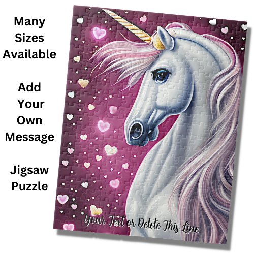 Add Name Text Silver Mauve Unicorn Hearts Purple Jigsaw Puzzle