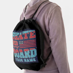 Add Name Text Skateboard SK8 USA Flag Red Blue Drawstring Bag