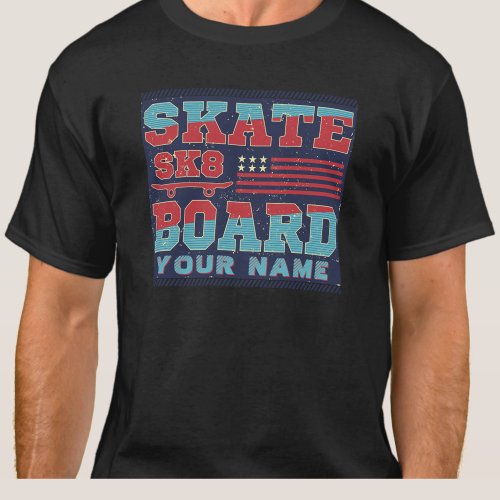 Add Name Text Skateboard SK8 USA Flag Red Blue     T_Shirt
