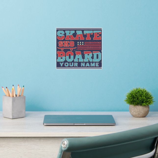 Add Name Text Skateboard SK8 USA Flag Red Blue     Wall Decal (Home Office 2)