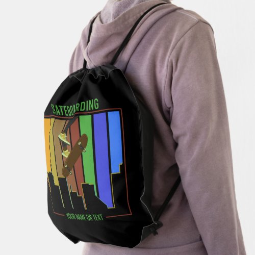 Add Name Text Skateboarding on Urban City Scene    Drawstring Bag