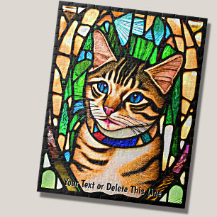 Add Name Text, Stained Glass Tabby Cat Blue Eyes Jigsaw Puzzle