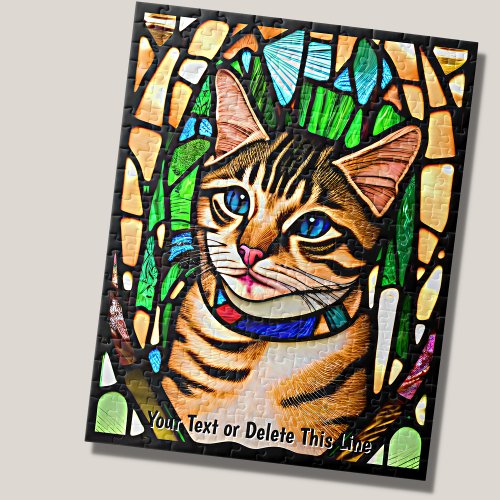 Add Name Text Stained Glass Tabby Cat Blue Eyes Jigsaw Puzzle