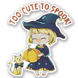 Add Name Text, Too Cute To Spook, Girl Witch & Cat Sticker
