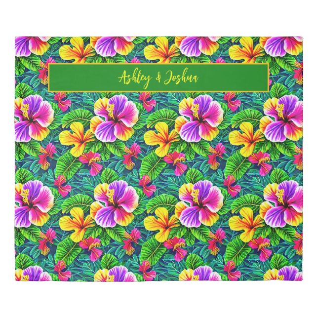 Add Name Text Tropical Hibiscus Flower Jungle Leaf Duvet Cover (Front)