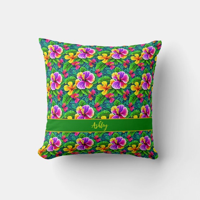 Add Name Text Tropical Hibiscus Flower Jungle Leaf Throw Pillow (Front)