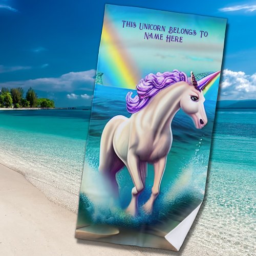 Add Name Text Unicorn Playing in Waves Blue  Beach Towel