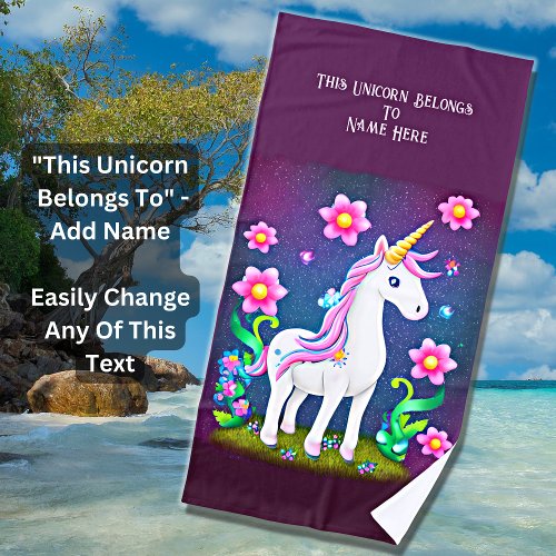 Add Name Text Unicorn with Flowers on Purple Beach Towel