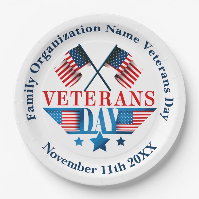 Add Name Text Veterans Day Flag Celebration Party  Paper Plates (Front)