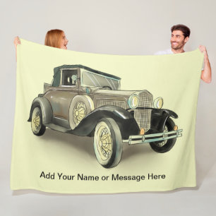 Add Name Text, Vintage Car  Fleece Blanket