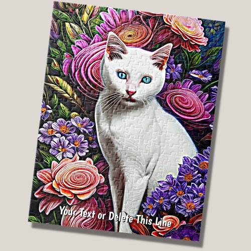 Add Name Text White Cat with Abstract Flowers Jigsaw Puzzle