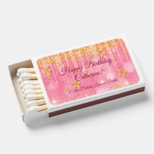 Add Name Text Words Happy Birthday Pink Gold Stars Matchboxes