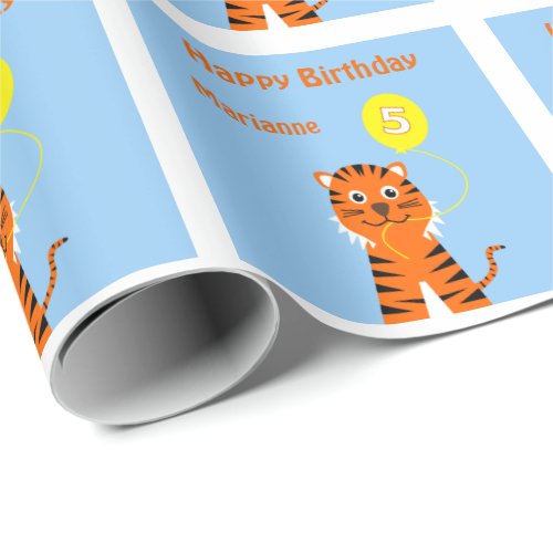 Add name tiger 5th birthday yellow balloon wrapping paper