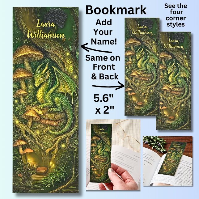 Add Name - Tiny Green Forest Dragon with Books Bookmarks (Creator Uploaded)