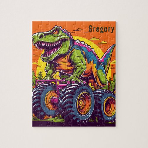 Add Name To Colorful T_Rex Dinosaur Monster Truck  Jigsaw Puzzle