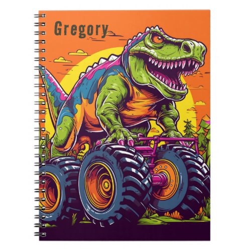Add Name To Colorful T_Rex Dinosaur Monster Truck  Notebook