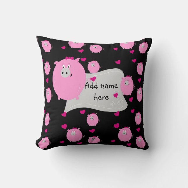 Add name to cute micropig pink & black heart love throw pillow (Front)