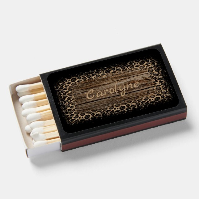 Add Name to Leopard Spots on Distressed Timbers    Matchboxes (Front Open)