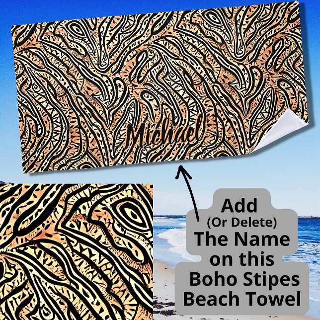 Add Name, Tribal Boho Crocodile Black on Brown Beach Towel (Creator Uploaded)