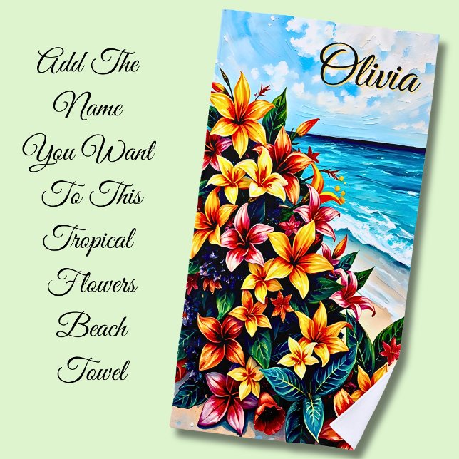 Add Name Tropical Flowers on the Sand Beach Towel (Creator Uploaded)
