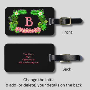 Add Name, Tropical Green Pink Flowers on Black Luggage Tag