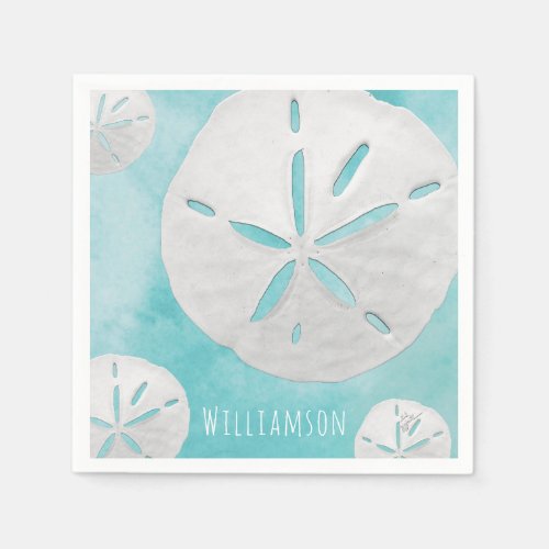 Add Name Tropical Sand Dollar Turquoise Watercolor Napkins