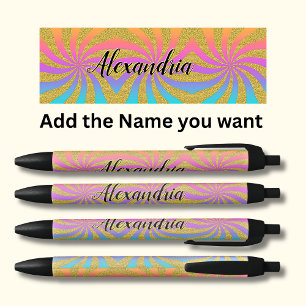 Add Name Twisted Sunburst Pop Art Sparkles Rainbow Pen