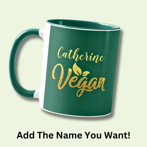 Add Name Vegan Word Yellow Gold Typography Green  Mug