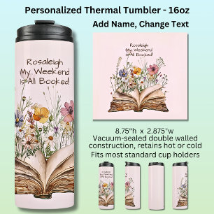 Add Name, Watercolor Book & Flowers, Pink Thermal Tumbler