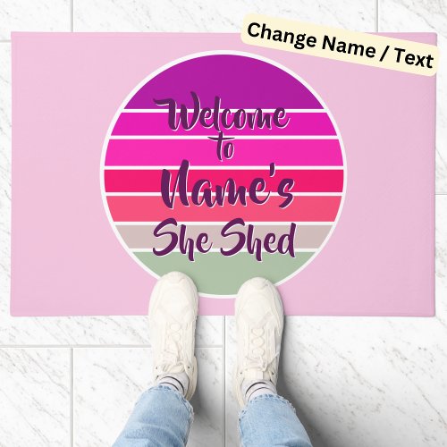 Add Name Welcome to She Shed Pink Retro Sunset     Doormat