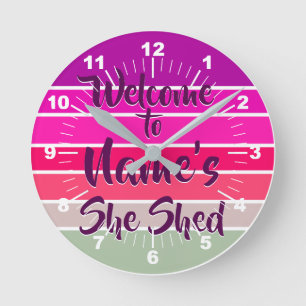 Add Name Welcome to She Shed Pink Retro Sunset Round Clock