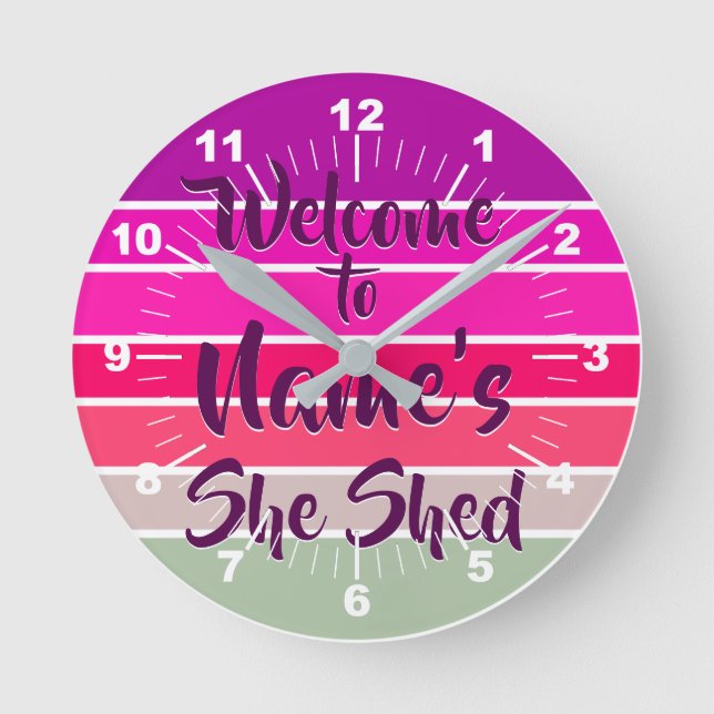 Add Name Welcome to She Shed Pink Retro Sunset     Round Clock (Front)