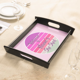 Add Name Welcome to She Shed Pink Retro Sunset Serving Tray