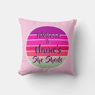 Add Name Welcome to She Shed Pink Retro Sunset Throw Pillow